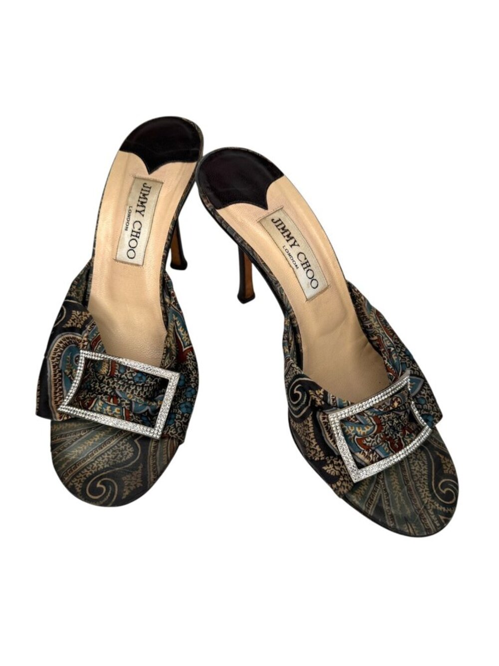 Jimmy Choo 37.5 US 7.5 Paisley Silk Crystal Buckle Mules Heels Vintage Y2K